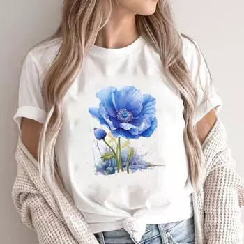 (Азиатский размер)Футболка, повседневная модная футболка с акварельными цветами, милая женская повседневная футболка с принтом 90-х годов, футболка с коротким рукавом и графическим принтом S