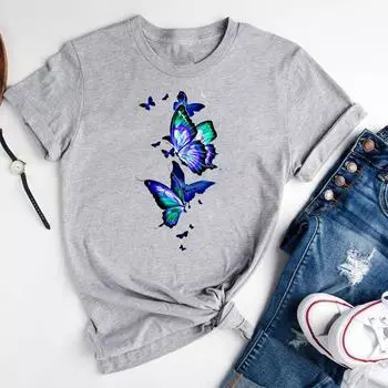 (Азиатский размер)Футболка с акварельной бабочкой в стиле 90-х годов, модная футболка, женская футболка с принтом, женская графическая одежда, повседневная футболка с коротким рукавом S