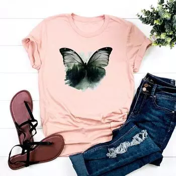 (Азиатский размер)Футболка с акварельной милой бабочкой, милая одежда, повседневная женская футболка с коротким рукавом и принтом, женская модная футболка, женская футболка с графикой S