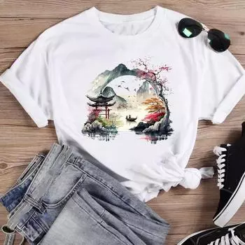 (Азиатский размер)Футболка с акварельной живописью, сладкий тренд 90-х годов, повседневная модная футболка с принтом, женская повседневная женская футболка с рисунком, футболка с коротким рукавом S