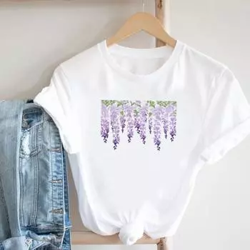 (Азиатский размер) Футболка с акварельным цветочным принтом, женская одежда с принтом, женская одежда, повседневная модная футболка с короткими рукавами, женская футболка с графическим рисунком S