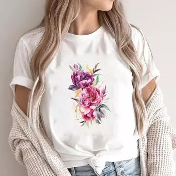 (Азиатский размер)Футболка с акварельным цветочным трендом 90-х годов, милая повседневная модная футболка с принтом, женская повседневная женская футболка с рисунком, футболка с коротким рукавом S