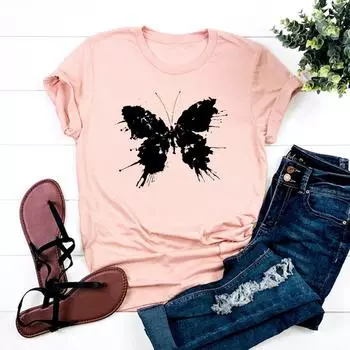 (Азиатский размер)Футболка с акварельным принтом в стиле бабочки, милая одежда 90-х годов, повседневная женская футболка с коротким рукавом и принтом, женская модная футболка, женская футболка с графикой S