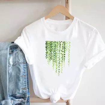 (Азиатский размер) Футболка с акварельным растительным трендом, милая женская футболка с принтом, женская одежда, повседневная модная футболка с короткими рукавами, женская футболка с графическим рисунком S