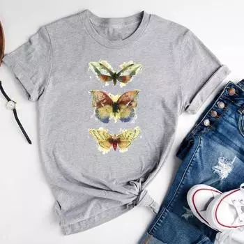 (Азиатский размер)Футболка с акварельным трендом 90-х годов, сладкий топ, модная футболка, женская футболка с принтом бабочки, женская графическая одежда, повседневная футболка с коротким рукавом S