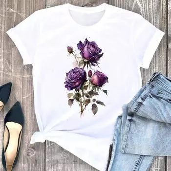 (Азиатский размер) Футболка с акварельным трендом, милый цветок, женская женская одежда с коротким рукавом, модные футболки с принтом, женская футболка S