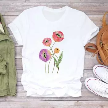 (Азиатский размер) Футболка с акварельным трендовым стилем и милым топом, модная футболка, женская одежда, повседневная женская футболка с коротким рукавом и принтом S