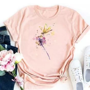 (Азиатский размер)Футболка с акварелью, милая одежда 90-х годов со стрекозой, повседневная женская футболка с коротким рукавом и принтом, женская модная футболка, женская футболка с графическим рисунком S