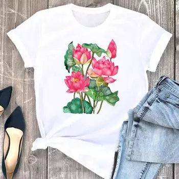 (Азиатский размер) Футболка с акварелью, милый цветочный тренд, милая женская одежда, модная футболка с принтом, женские футболки с коротким рукавом и графикой S