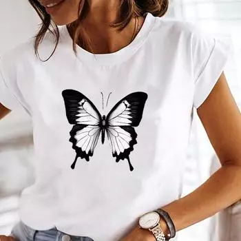 (Азиатский размер) Футболка с акварелью, прекрасная одежда с круглым вырезом и бабочкой, модная футболка, повседневная женская футболка с коротким рукавом и принтом, женская женская футболка с графикой S