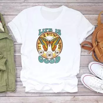 (Азиатский размер) Футболка с бабочкой и мультяшным трендом, милая одежда 90-х годов, женская одежда с коротким рукавом и принтом, женская модная футболка, повседневная футболка с графическим рисунком S