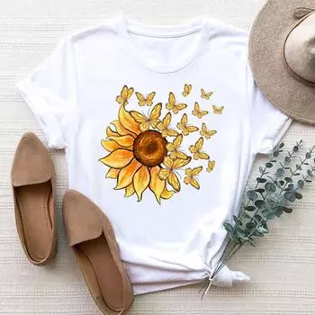 (Азиатский размер) Футболка с бабочкой, милый тренд, милая женская одежда 90-х годов, модная футболка с принтом, женские футболки с коротким рукавом и графикой S