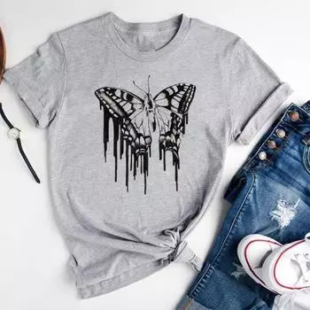 (Азиатский размер)Футболка с бабочкой в стиле 90-х годов, милая модная футболка, женская футболка с принтом, женская графическая одежда, повседневная футболка с коротким рукавом S