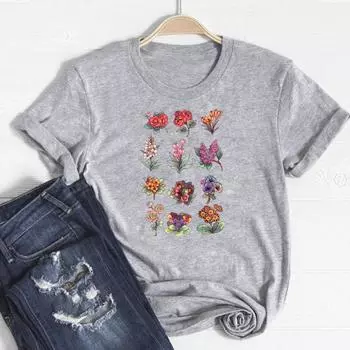 (Азиатский размер)Футболка с цветочным принтом, милая милая модная футболка 90-х годов, женская футболка с принтом, женская графическая одежда, повседневная футболка с коротким рукавом S