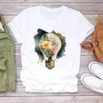 (Азиатский размер) Футболка с цветочным принтом, милая, милая, модная футболка 90-х годов, женская одежда, повседневная женская футболка с короткими рукавами и принтом, женская футболка с графикой S