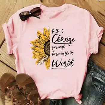 (Азиатский размер)Футболка с цветочным принтом, милая трендовая милая модная футболка, одежда, повседневная женская футболка с коротким рукавом и принтом, женская футболка с графикой S