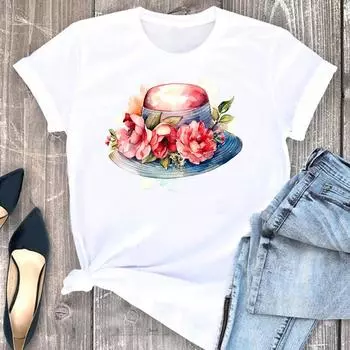 (Азиатский размер) Футболка с цветочным принтом, милая трендовая милая женская футболка 90-х годов, женская одежда с коротким рукавом, модные футболки с графическим принтом S