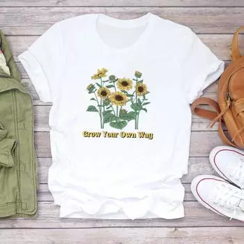 (Азиатский размер) Футболка с цветочным принтом, милая тенденция 90-х годов, милая милая одежда с коротким рукавом, женская женская модная футболка с принтом, повседневная футболка с графическим рисунком S