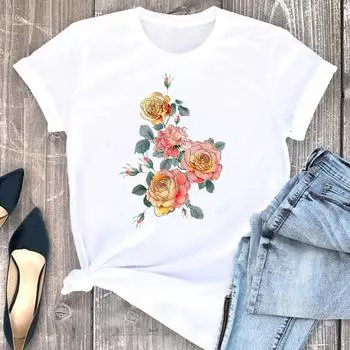 (Азиатский размер) Футболка с цветочным принтом, милая модная женская футболка 90-х годов, женская одежда с коротким рукавом, модные футболки с графическим принтом S
