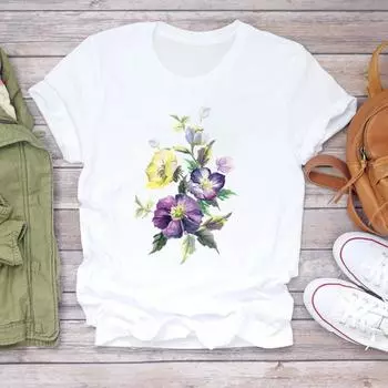 (Азиатский размер) Футболка с цветочным принтом, стильная трендовая одежда, повседневная модная футболка с коротким рукавом, женская футболка с принтом, женская футболка с графикой S