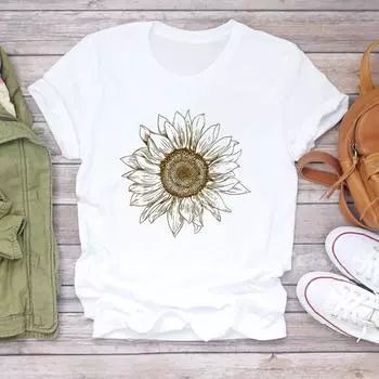 (Азиатский размер) Футболка с цветочным принтом, трендовая винтажная модная футболка 90-х годов, женская одежда, повседневная женская футболка с коротким рукавом и принтом, женская футболка с графикой S