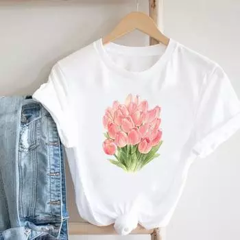 (Азиатский размер) Футболка с цветочным растением, акварель, трендовый стиль, женская футболка с принтом, женская одежда, повседневная модная футболка с короткими рукавами, женская футболка с графическим рисунком S