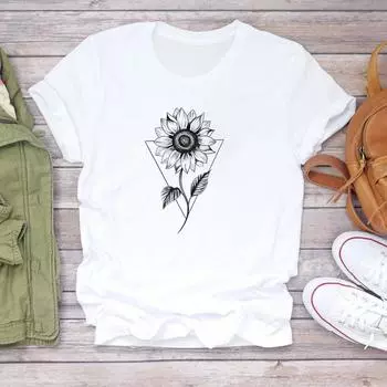 (Азиатский размер) Футболка с цветочным трендом, милая милая милая одежда 90-х годов, женская футболка с коротким рукавом и принтом, женская модная футболка, повседневная футболка с графическим рисунком S