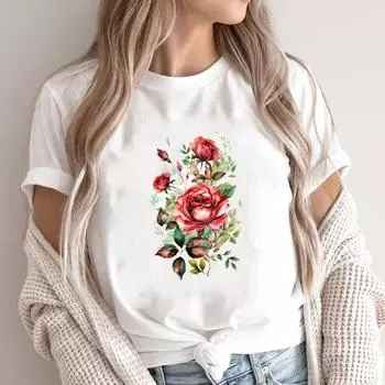 (Азиатский размер)Футболка с цветочным трендом, милый стиль, милая повседневная модная футболка с принтом, женская повседневная женская футболка с рисунком, футболка с коротким рукавом S