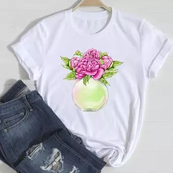 (Азиатский размер)Футболка с цветочным трендом, стильная тенденция, модная одежда, повседневная футболка, женская футболка с принтом, женская футболка с круглым вырезом и графическим коротким рукавом S