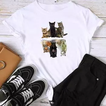 (Азиатский размер) Футболка с графическим принтом Cat Sweet Trend в стиле 90-х годов, милый женский женский летний топ, женская футболка, повседневная модная футболка с коротким рукавом S