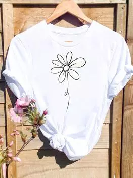 (Азиатский размер) Футболка с графическим принтом Цветочная акварель Милая одежда 90-х Женская повседневная модная принтовая женская повседневная футболка с коротким рукавом S