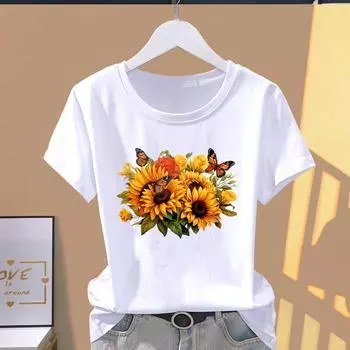 (Азиатский размер) Футболка с графическим принтом Цветочная акварельная симпатичная одежда Женская повседневная модная принтовая женская повседневная женская футболка с коротким рукавом S