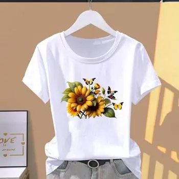(Азиатский размер) Футболка с графическим принтом, футболка с цветочным принтом, милый стиль, повседневная модная футболка с принтом, женская повседневная женская футболка с коротким рукавом S