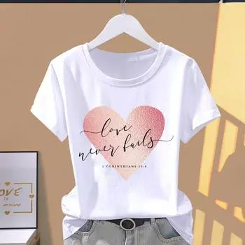 (Азиатский размер) Футболка с графическим принтом, футболка с надписью «Love Heart Letter Trend», милая повседневная модная футболка с принтом, женская повседневная женская футболка с коротким рукавом S