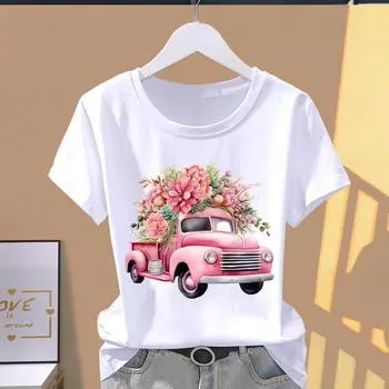 (Азиатский размер) Футболка с графическим принтом, футболка с цветочным принтом, тренд 90-х годов, повседневная модная женская футболка с принтом, повседневная женская футболка с коротким рукавом S