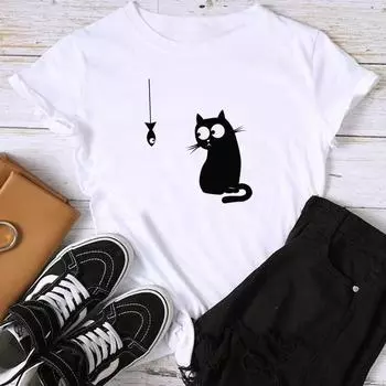 (Азиатский размер) Футболка с графическим принтом кота, милый питомец, милый женский летний топ, женская футболка, повседневная модная футболка с коротким рукавом S