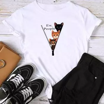 (Азиатский размер) Футболка с графическим принтом кота, забавное лицо, милый женский летний топ, женская футболка, повседневная модная футболка с коротким рукавом S