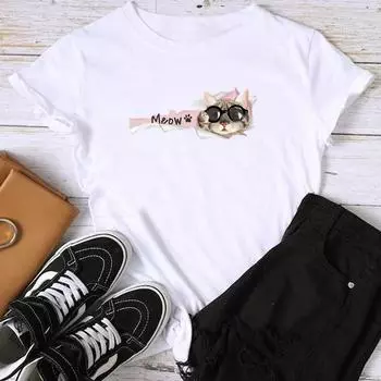 (Азиатский размер) Футболка с графическим принтом кота, забавная акварельная милая женская летняя футболка, женская футболка, повседневная модная футболка с коротким рукавом S
