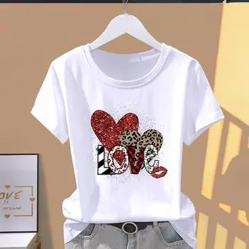 (Азиатский размер) Футболка с графическим принтом, леопардовый узор, сердце, милая повседневная модная женская футболка с коротким рукавом S