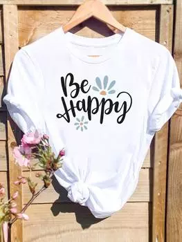 (Азиатский размер) Футболка с графическим принтом, повседневная футболка с принтом, женская повседневная женская футболка с акварельными цветами и буквами, модная футболка с коротким рукавом S