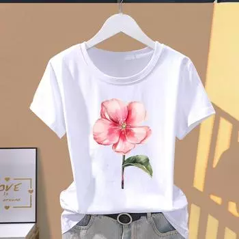 (Азиатский размер) Футболка с графическим принтом, повседневная футболка с цветочным принтом и акварельным принтом, женская повседневная женская футболка с коротким рукавом S