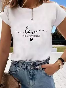 (Азиатский размер) Футболка с графическим принтом, повседневная футболка Sweet Love, милая футболка 90-х годов с модным принтом, женская повседневная женская футболка с коротким рукавом S