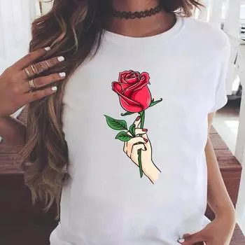 (Азиатский размер) Футболка с графическим принтом, повседневная футболка с цветочным рисунком, мультяшный тренд, милый модный принт, женская повседневная футболка с коротким рукавом S