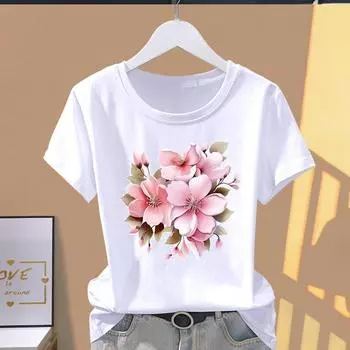 (Азиатский размер) Футболка с графическим принтом, повседневная футболка, цветочный узор, милый тренд 90-х, женский повседневный топ, модная футболка с коротким рукавом S