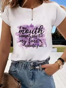 (Азиатский размер) Футболка с графическим принтом, повседневная футболка с буквенным принтом, милый тренд 90-х годов, модный принт, женский повседневный женский топ, женская футболка с коротким рукавом S