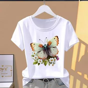 (Азиатский размер) Футболка с графическим принтом, повседневная бабочка, цветок, милая мода 90-х, женский повседневный топ, женская футболка с коротким рукавом S