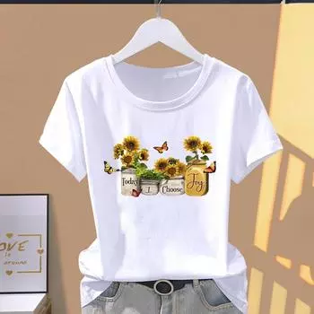 (Азиатский размер) Футболка с графическим принтом, повседневная модная женская футболка с принтом, повседневный женский топ с цветочным принтом в стиле 90-х, футболка с коротким рукавом S