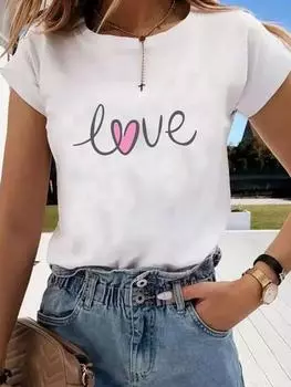 (Азиатский размер) Футболка с графическим принтом, повседневная футболка с милыми буквами «Любовь», милая футболка 90-х годов с модным принтом, женская повседневная женская футболка с коротким рукавом S
