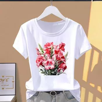 (Азиатский размер) Футболка с графическим принтом, повседневная футболка 90-х годов с цветочным принтом, женская повседневная женская футболка с коротким рукавом S