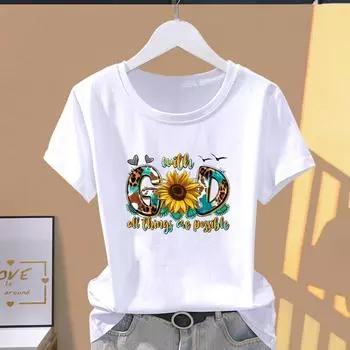 (Азиатский размер) Футболка с графическим принтом, стиль «цветок и буквы», милая женская повседневная модная принтованная женская футболка с коротким рукавом S
